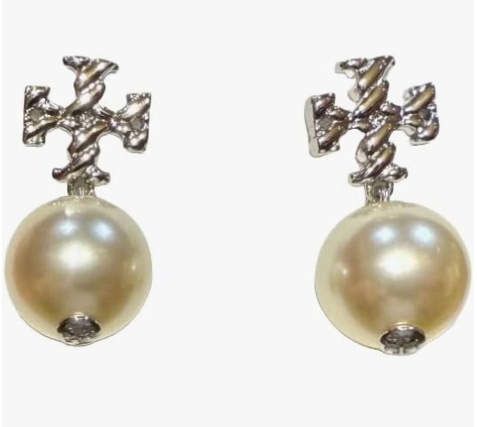 Tory Burch Textured Rope Logo Pearl Drop Earring (Tory Silver Pearl)