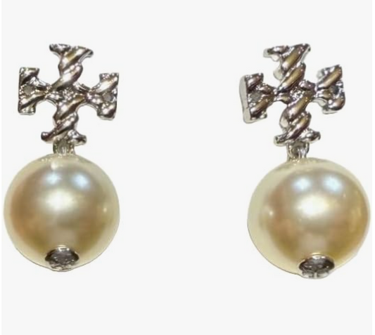 Tory Burch Textured Rope Logo Pearl Drop Earring (Tory Silver Pearl)