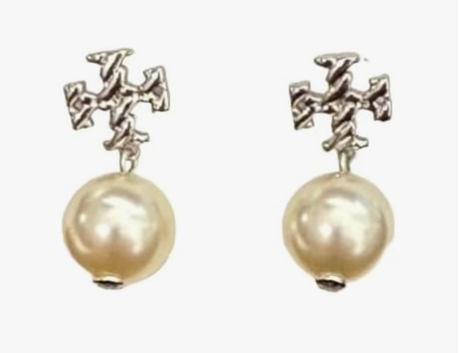 Tory Burch Textured Rope Logo Pearl Drop Earring (Tory Silver Pearl)