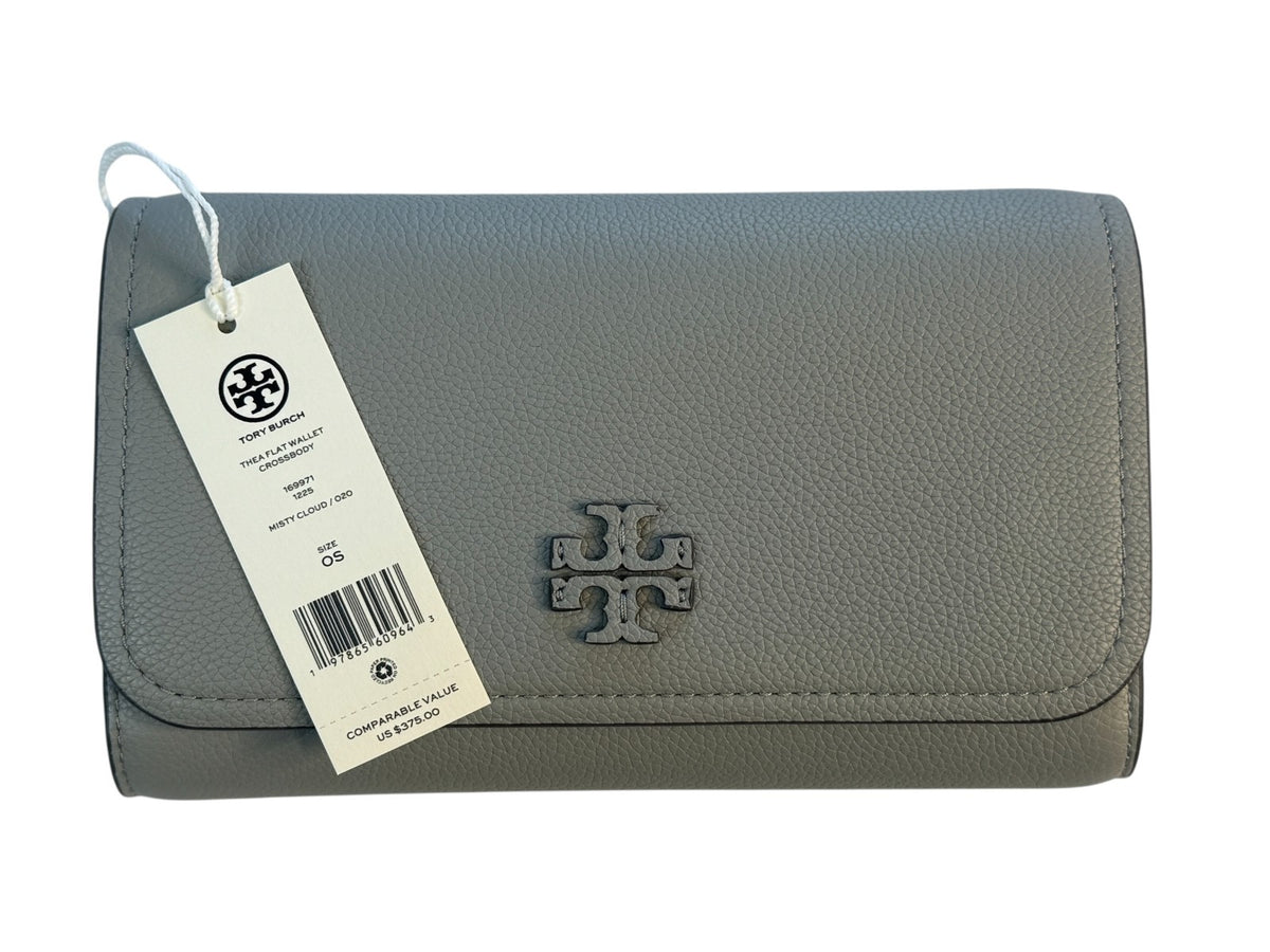 Tory Burch Thea Pebbled Leather w Silver tone Hardware Crossbody & Wallet Grey