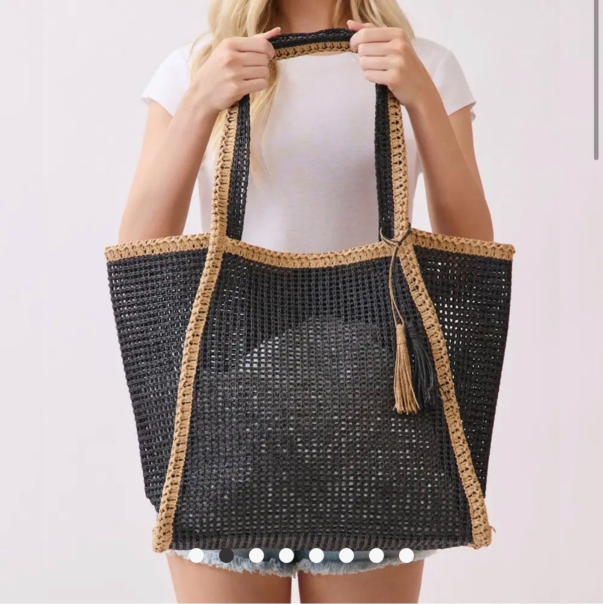Stylinè Two Tone Woven Straw Tote Bag BLACK