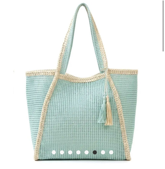 Stylinè Two Tone Woven Straw Tote Bag MINT