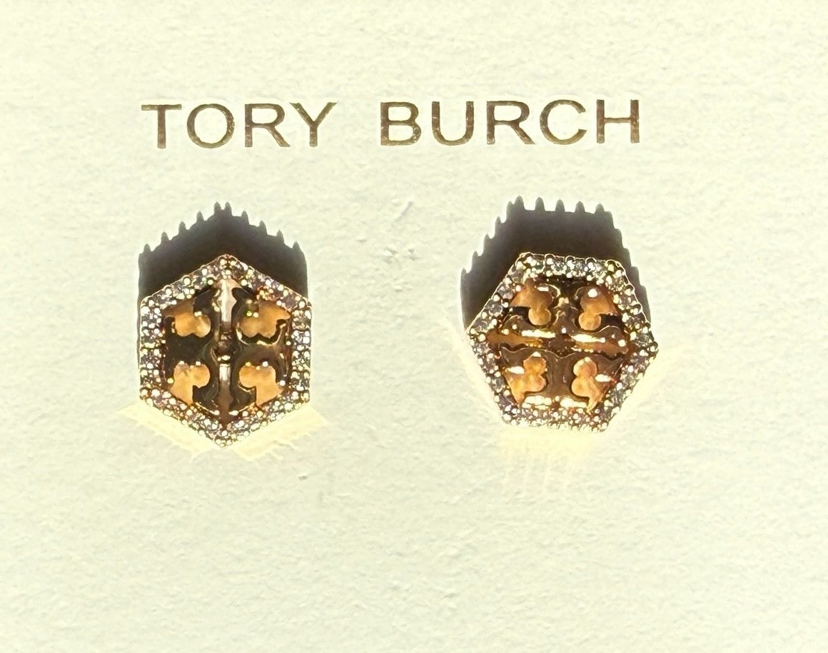 Tory Burch Hex Pave Stud Earring Gold NWT MSRP $98