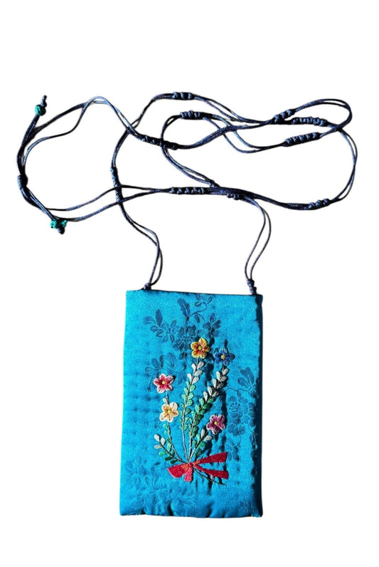 Korean  Traditional Pouch w Crossbody Strap 100% Silk with Handmade Embroidery
