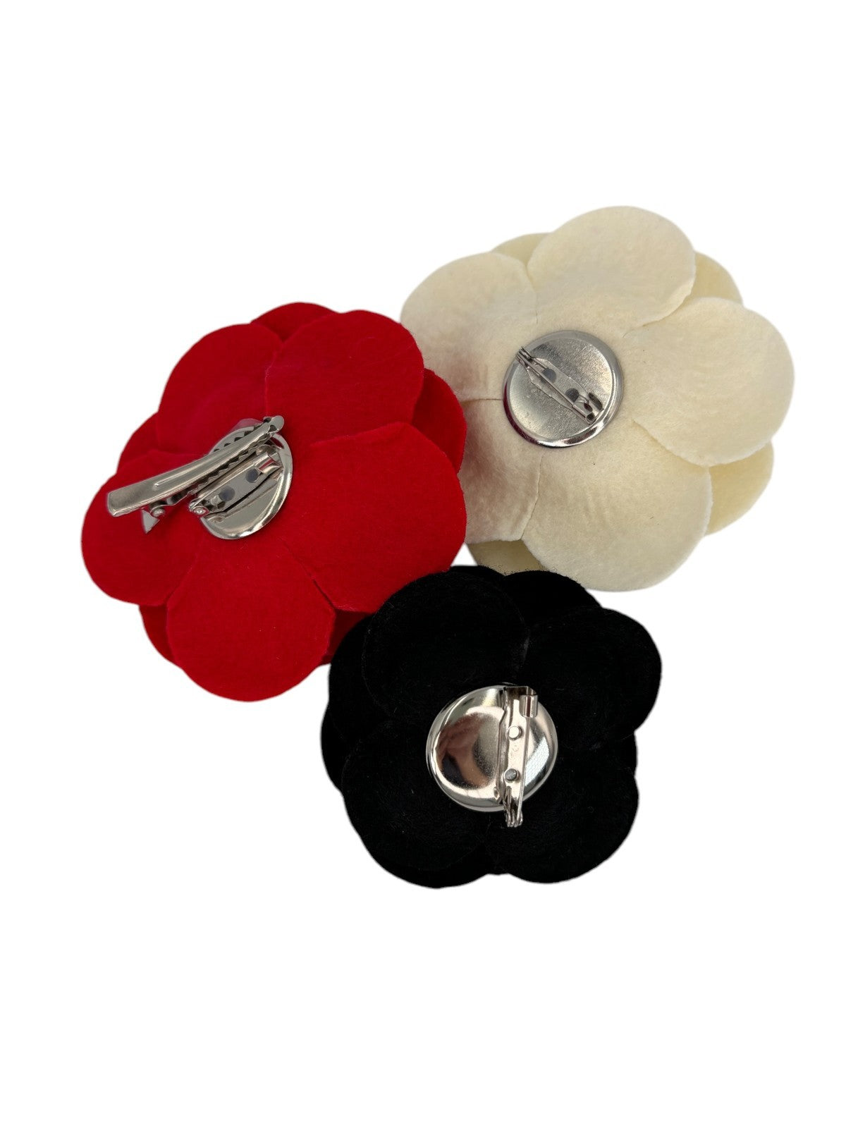 Coco Camelia Felt Cosage Brooch in Red, Black, Ivory Set