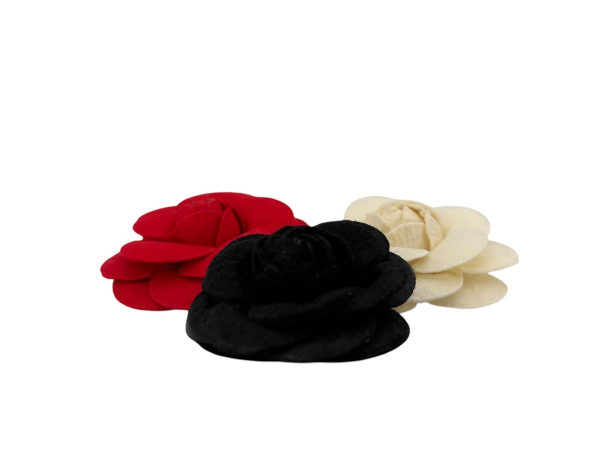 Coco Camelia Felt Cosage Brooch in Red, Black, Ivory Set