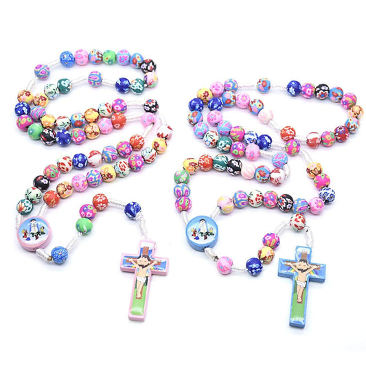Children’s White Catholic Rosary – Clay Floral Beads – Baptism, First Communion