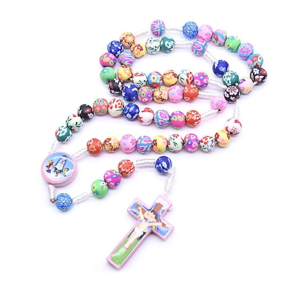 Children’s White Catholic Rosary – Clay Floral Beads – Baptism, First Communion