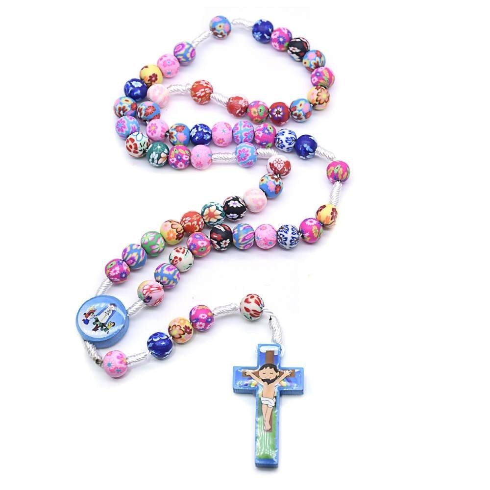 Children’s White Catholic Rosary – Clay Floral Beads – Baptism, First Communion