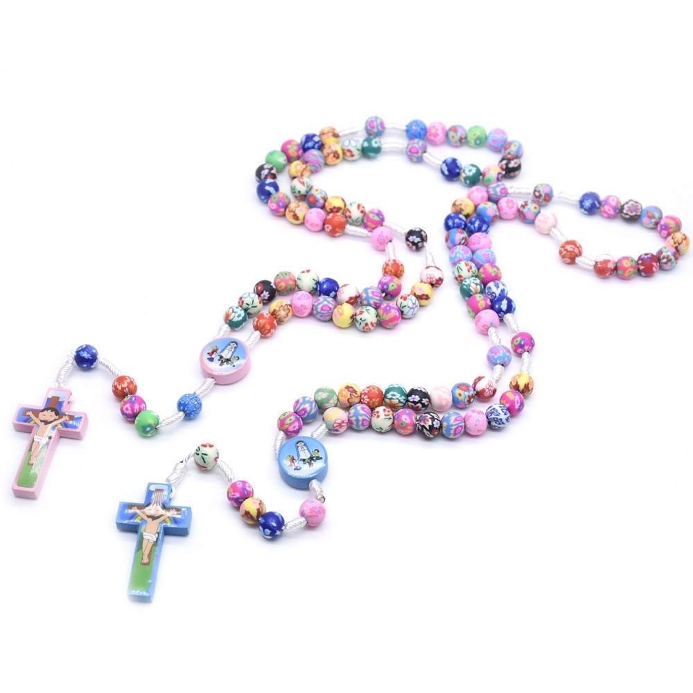Children’s White Catholic Rosary – Clay Floral Beads – Baptism, First Communion