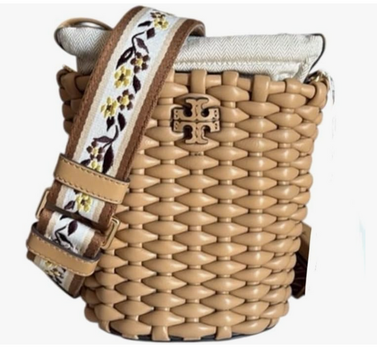 Tory Burch Emerson Woven Mini Bucket Bag Ginger Shortbread Beige