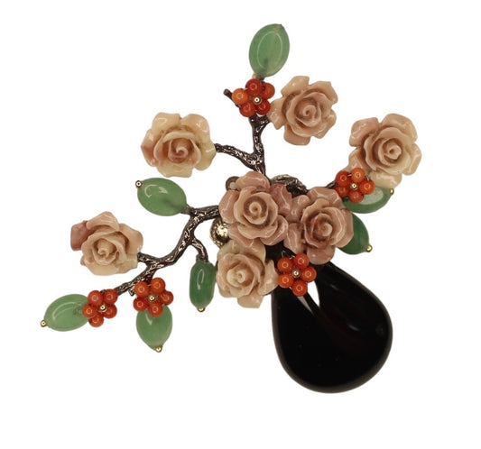Beyond Joy Natural Stone Flower Brooch Pendant Black Green Pink Handmade New