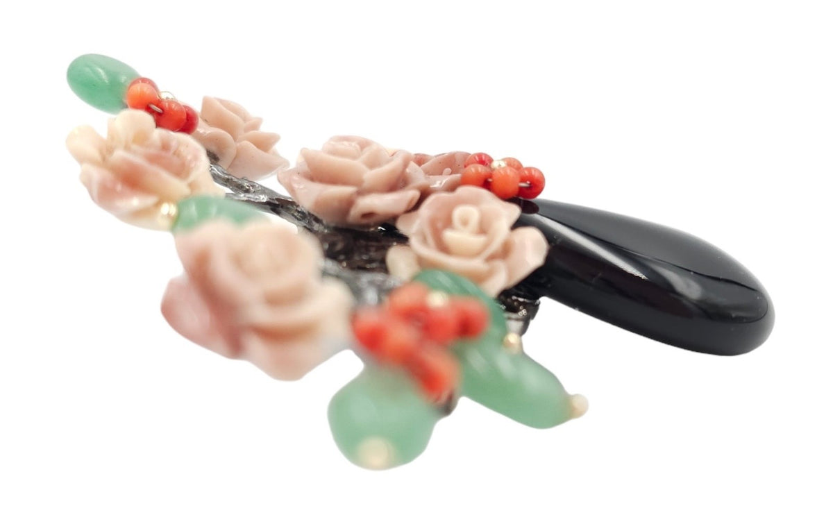 Beyond Joy Natural Stone Flower Brooch Pendant Black Green Pink Handmade New