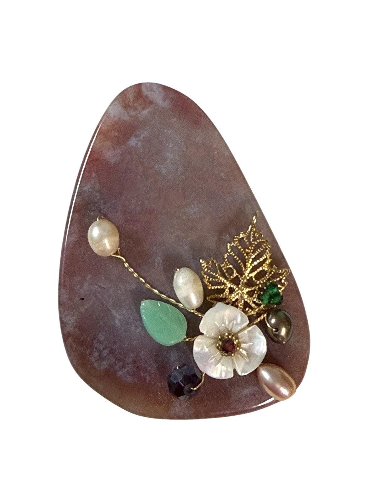 Vintage Teardrop Stone Brooch Pendant Pearl Floral Gold Tone Statement