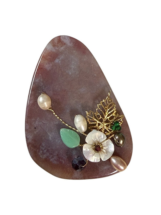 Vintage Teardrop Stone Brooch Pendant Pearl Floral Gold Tone Statement