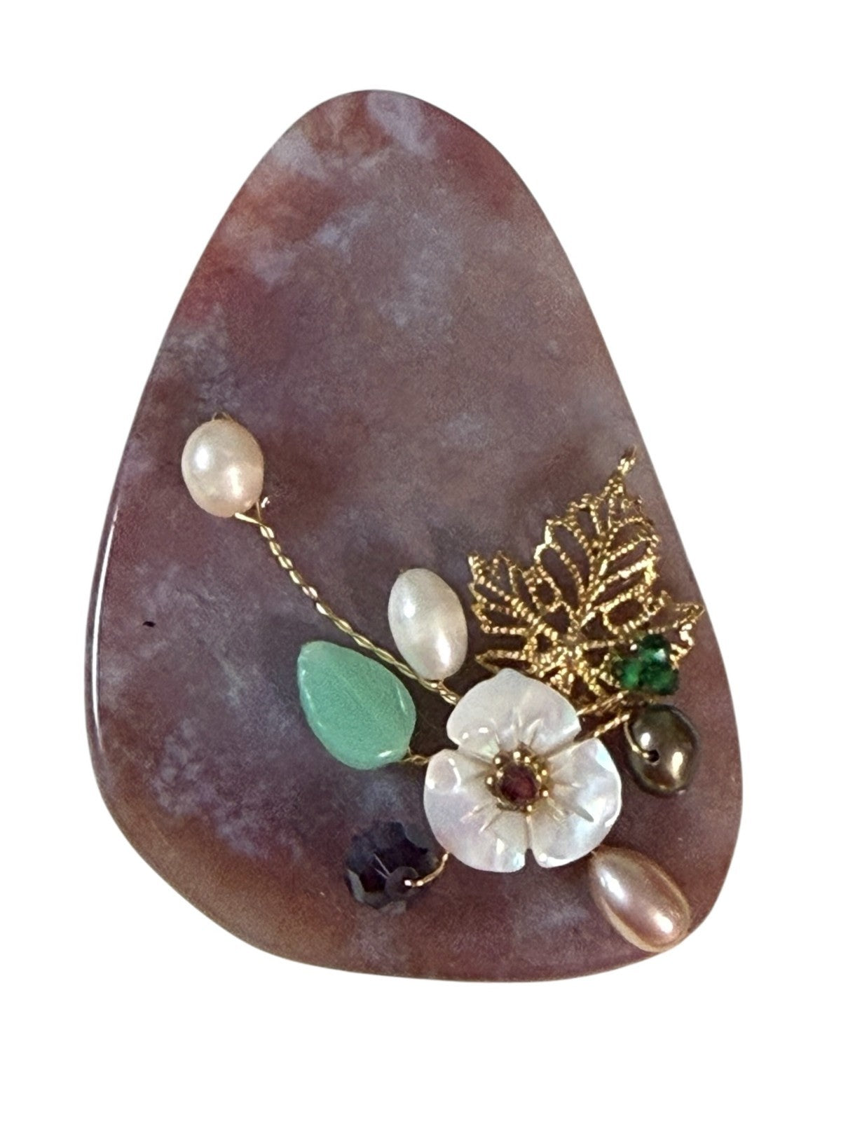 Vintage Teardrop Stone Brooch Pendant Pearl Floral Gold Tone Statement