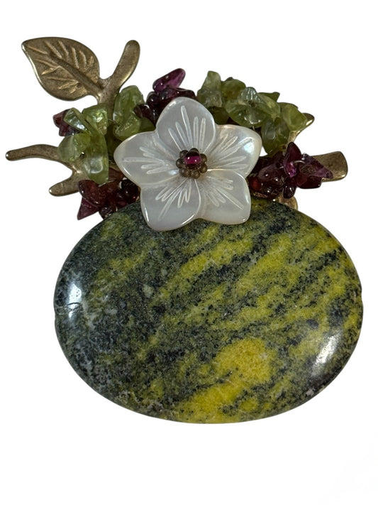Vintage Oval Stone Brooch Pendant Pearl Floral Gold Tone Statement 2"