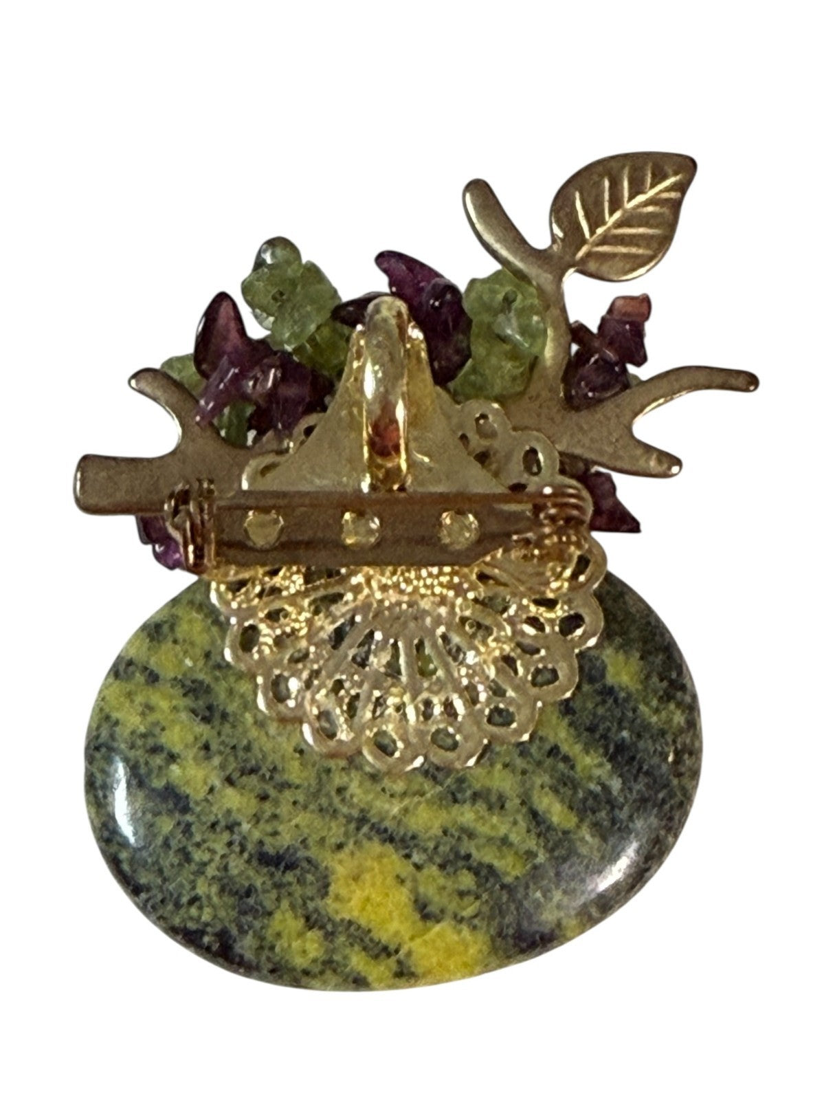 Vintage Oval Stone Brooch Pendant Pearl Floral Gold Tone Statement 2"