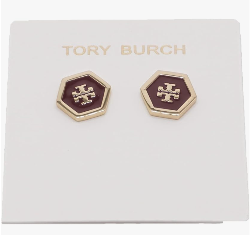 Tory Burch 82437 Claret With Tory Gold Women's Hex Logo Enamel Earrings