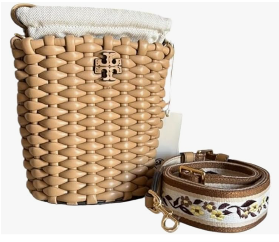 Tory Burch Emerson Woven Mini Bucket Bag Ginger Shortbread Beige