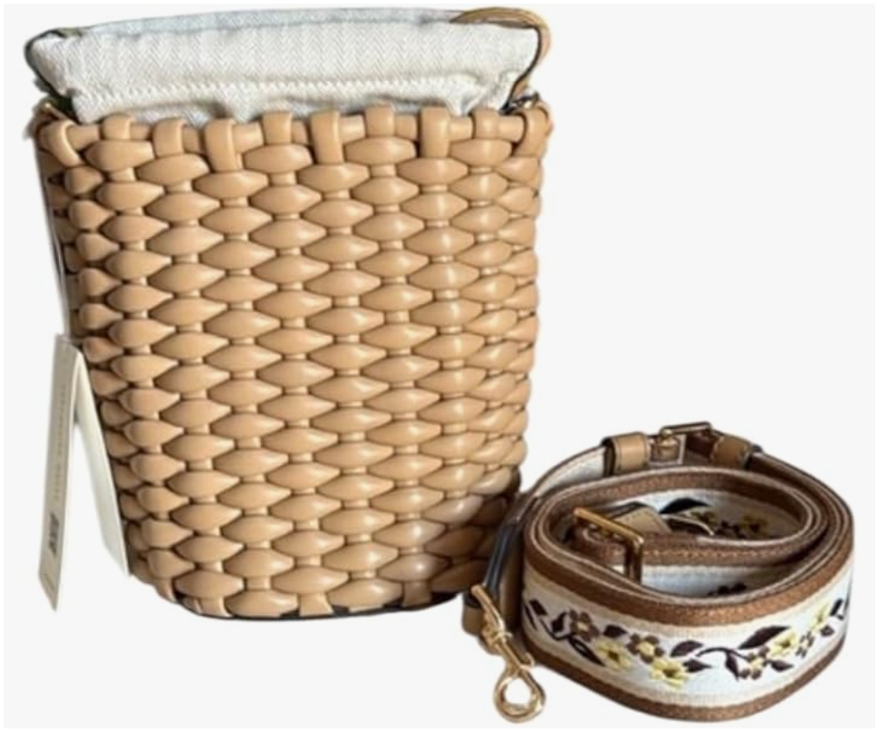 Tory Burch Emerson Woven Mini Bucket Bag Ginger Shortbread Beige