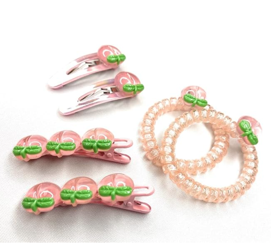 3 sets of Peach Design Duck Bill Clips/Alligator Clips, Spiral/Coil/Phone Cord