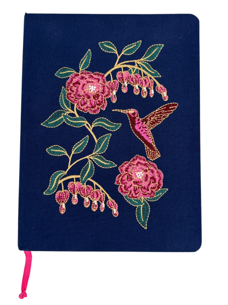 PAPYRUS Journal 6"x8" Embroidered Hummingbird & Flowers on Navy Fabric 192 pages