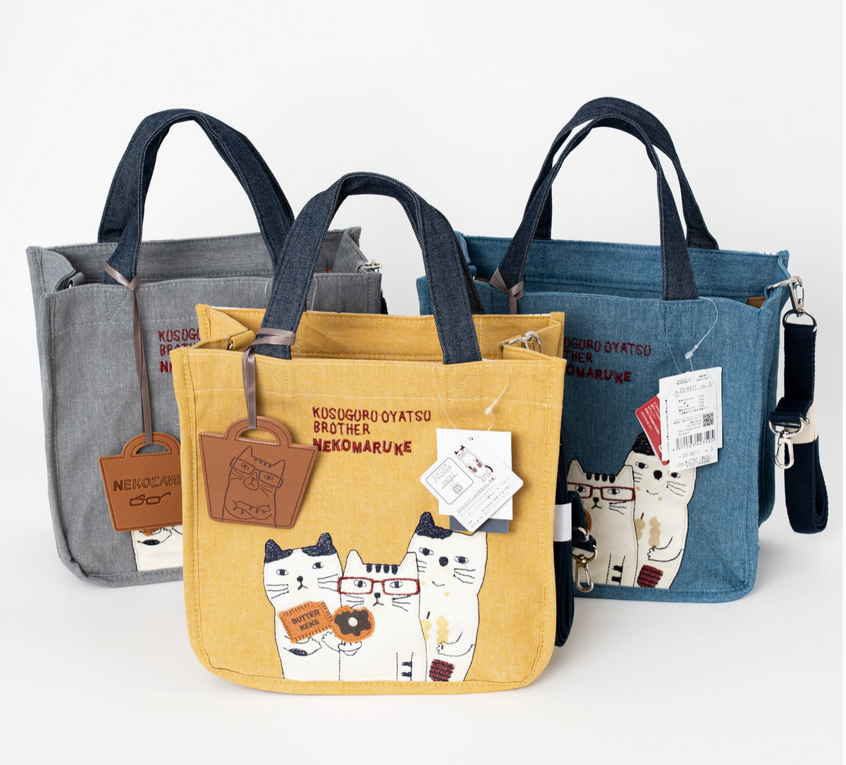 Kusuguru Japan Signature Embroidered Cat 3 Way Canvas Bag Gray