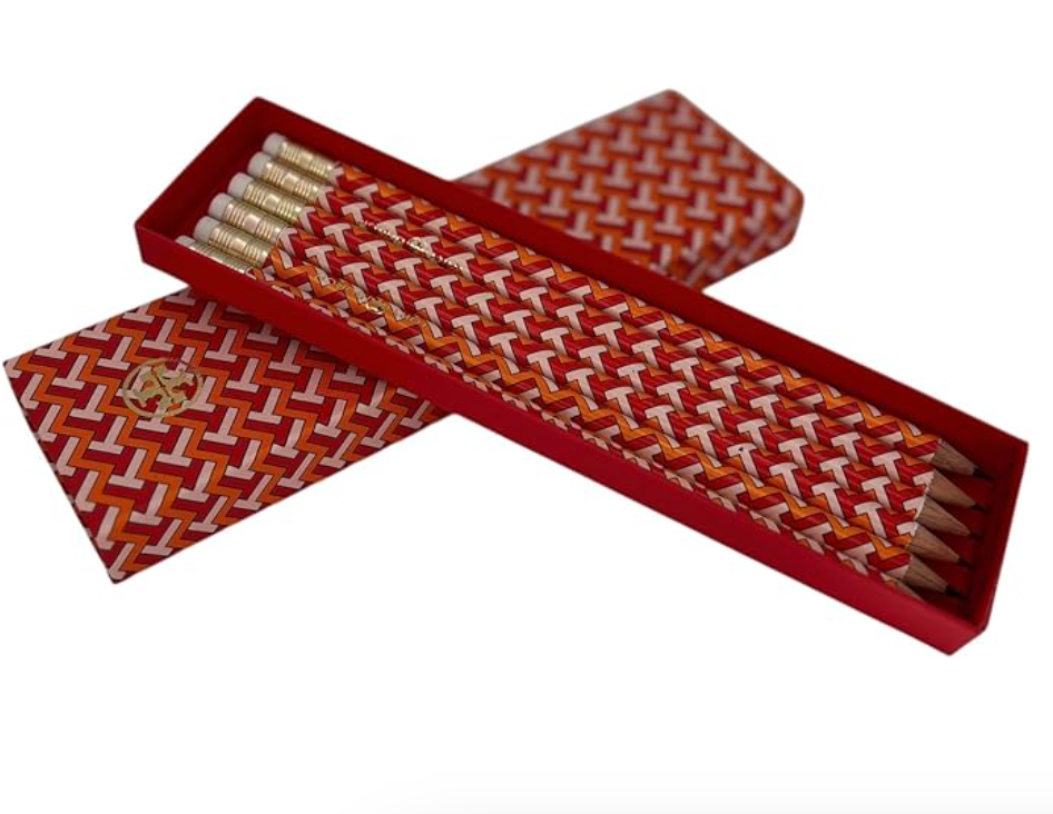 Tory Burch Patterned Lead Pencil Set of 6, Red and White Chevron Design (Orange)