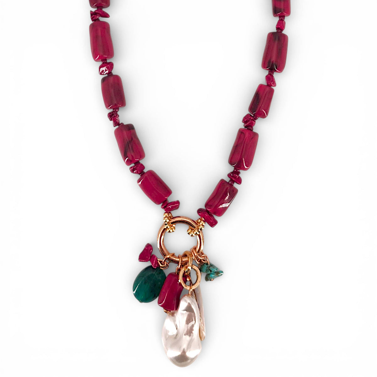 Red Coral & Pearl Beaded Charm Necklace | Coastal Statement