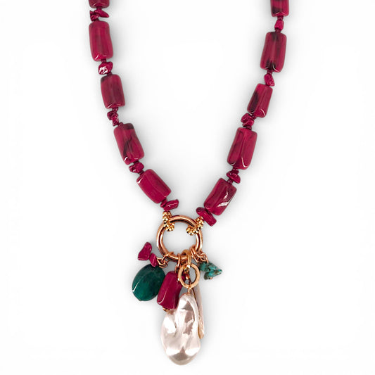 Red Coral & Pearl Beaded Charm Necklace | Coastal Statement