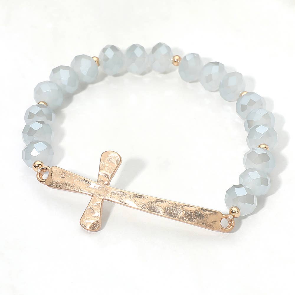 Brushed Hammered Metal Cross Accent Faceted Beaded Stretch Bracelet: Yellow