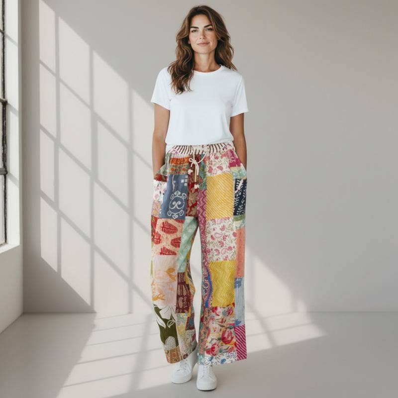 STRAIGHT LEG COTTON PATCHWORK PANTS