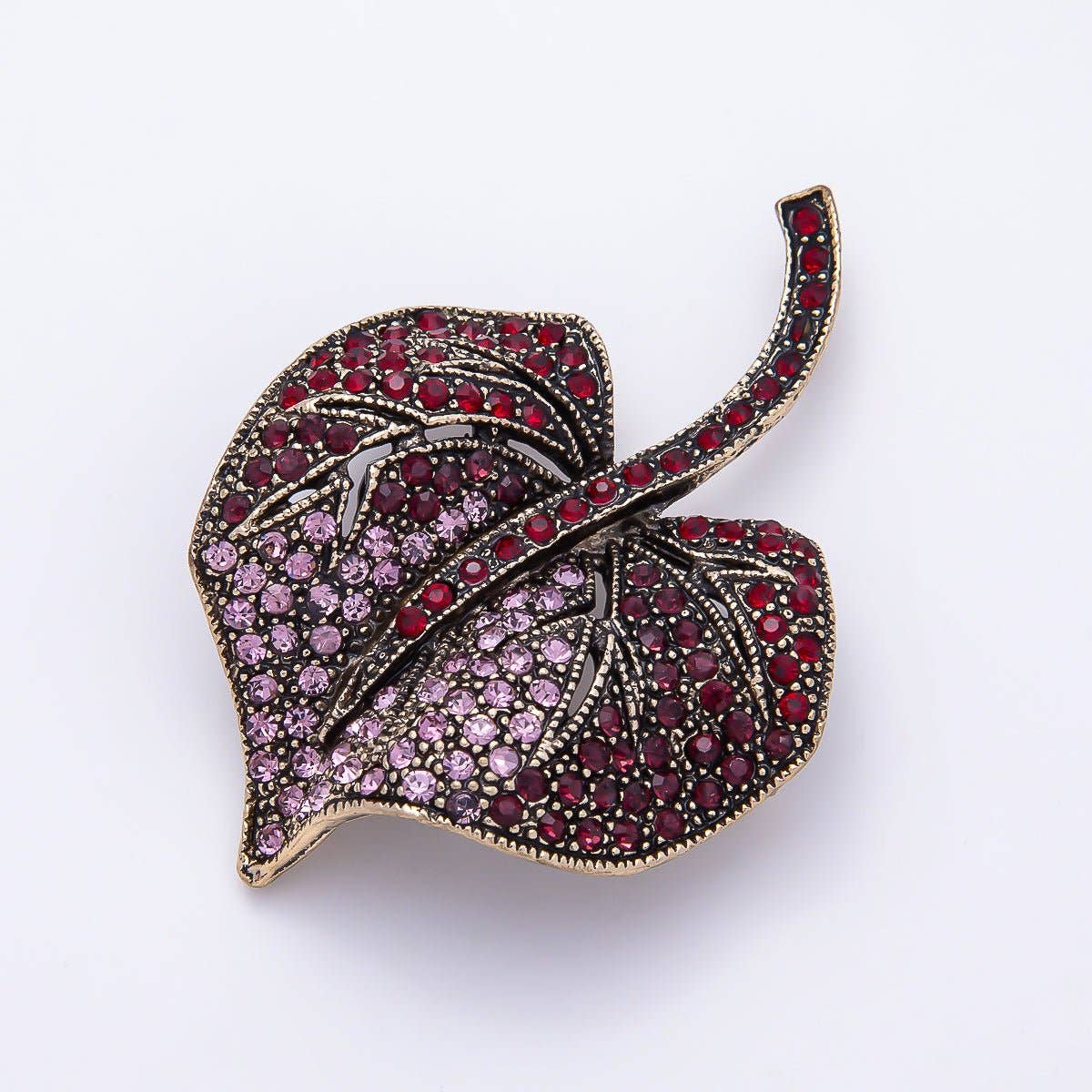 Vintage Gold 55mm Red Pink Micro Paved Rhinestone Leaf Pin Brooch | BH-00191