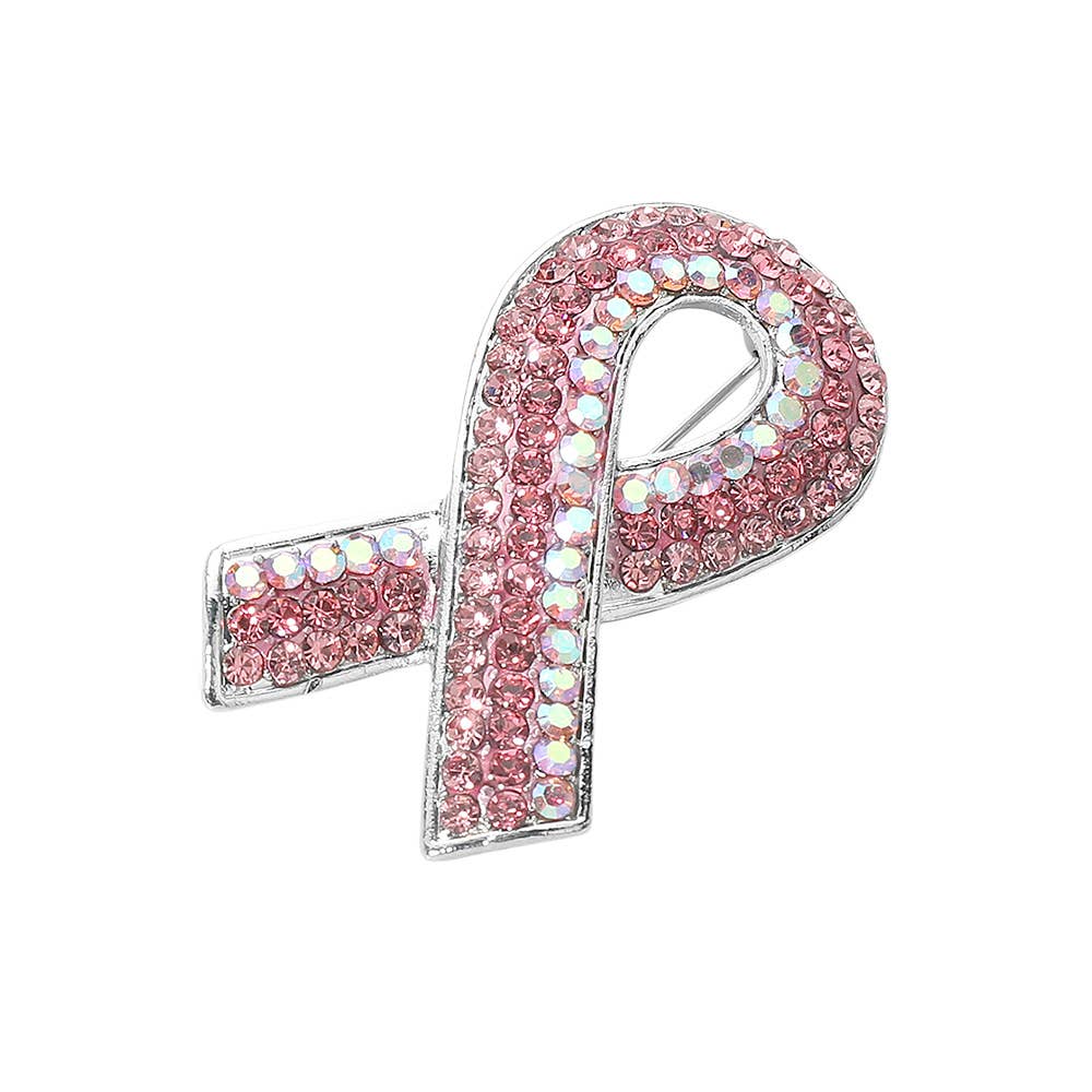 Rhinestone Embellished Pink Ribbon Pin Brooch: Gold,Pink