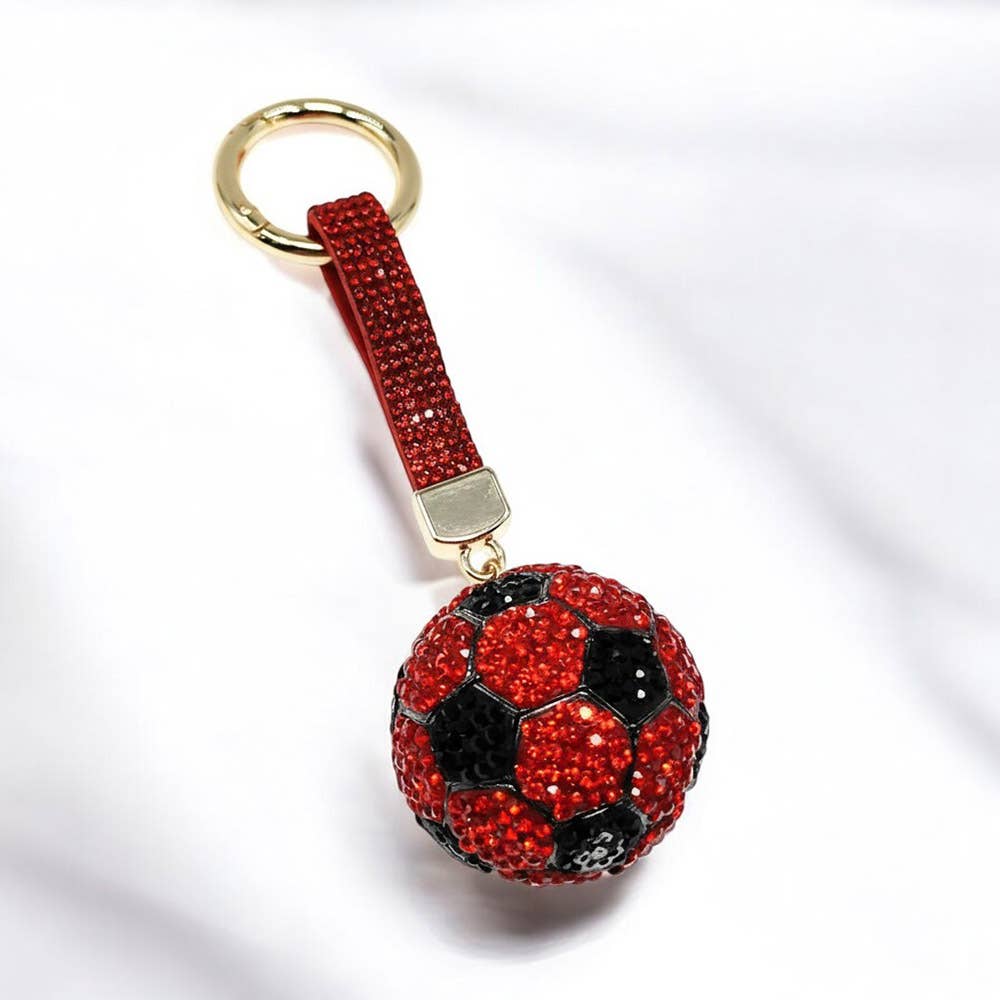 Bling Studded Soccer Ball Bag Charm Keychain: Red