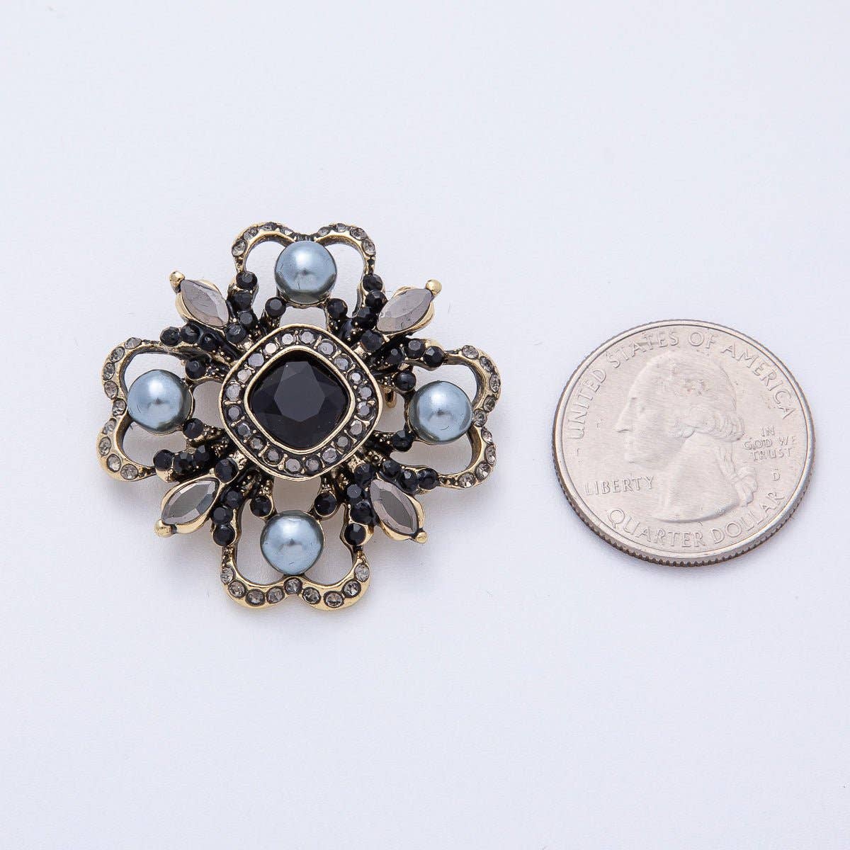 Vintage Antique Gold Black, Green Rhinestone Flower Blue Black Gray Crystal Brooch Pin | BH-00006 BH-00007: Turquoise