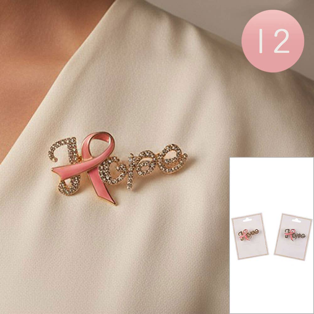 12PCS - Rhinestone Pave HOPE Awareness Pink Ribbon Pin Brooches