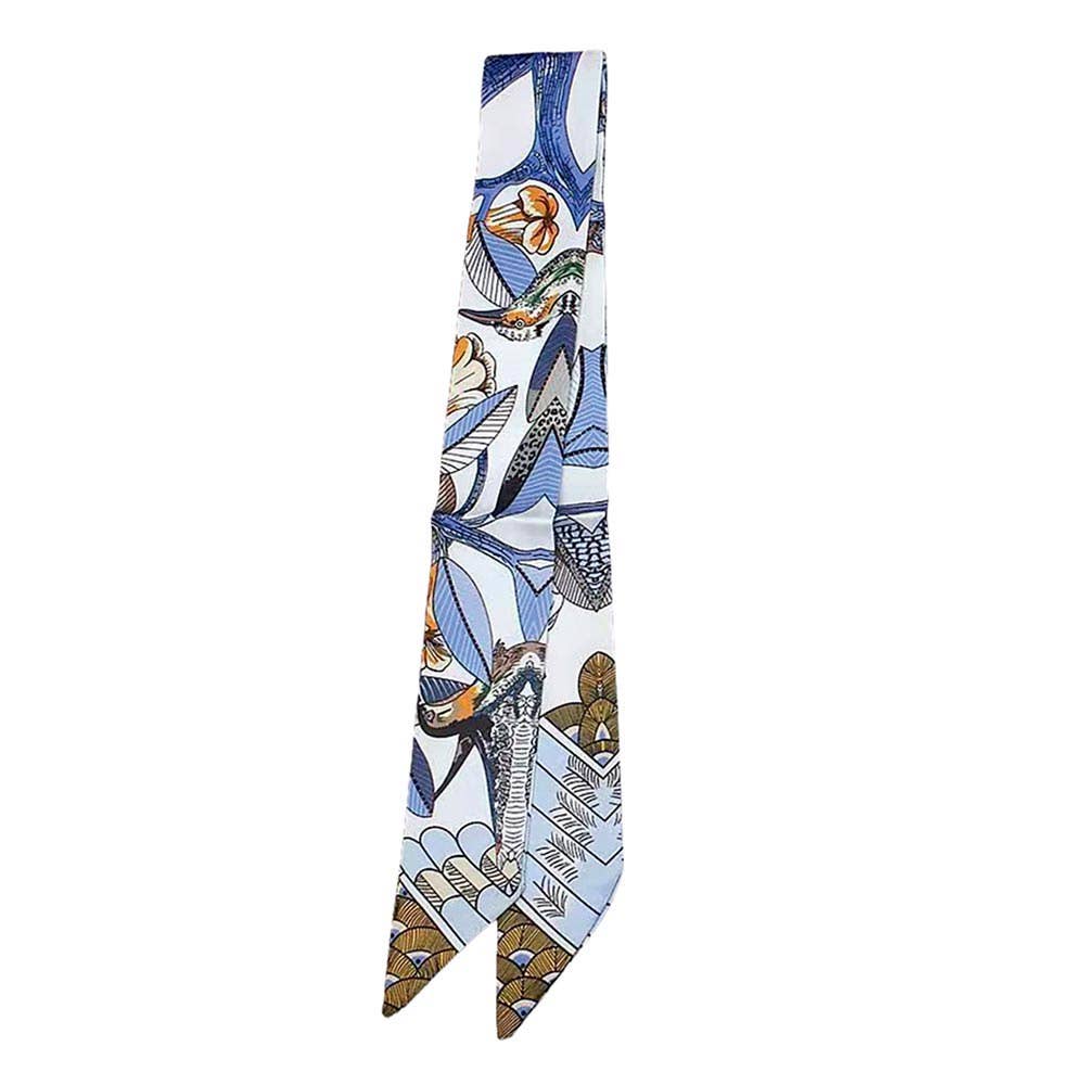 Abstract Bird Motif Print Skinny Twilly Scarf: Ivory