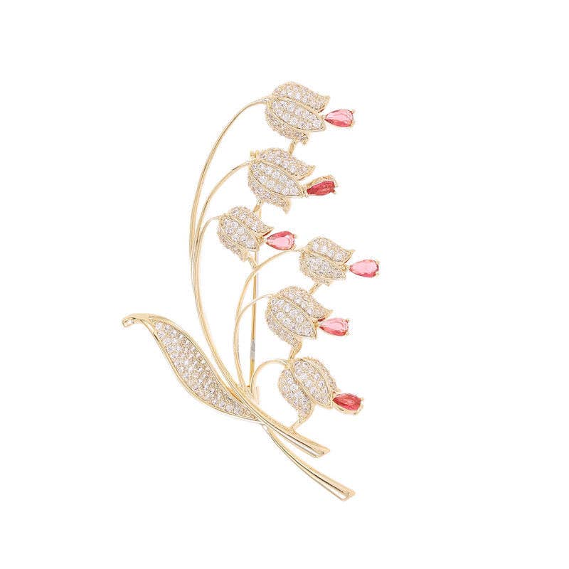 Gold Lily Of Valley Flower Wedding Brooch in Solid Copper: Green