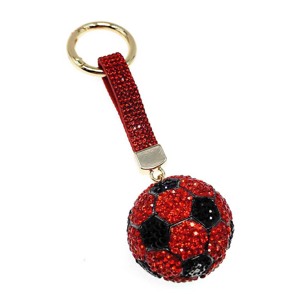 Bling Studded Soccer Ball Bag Charm Keychain: Red