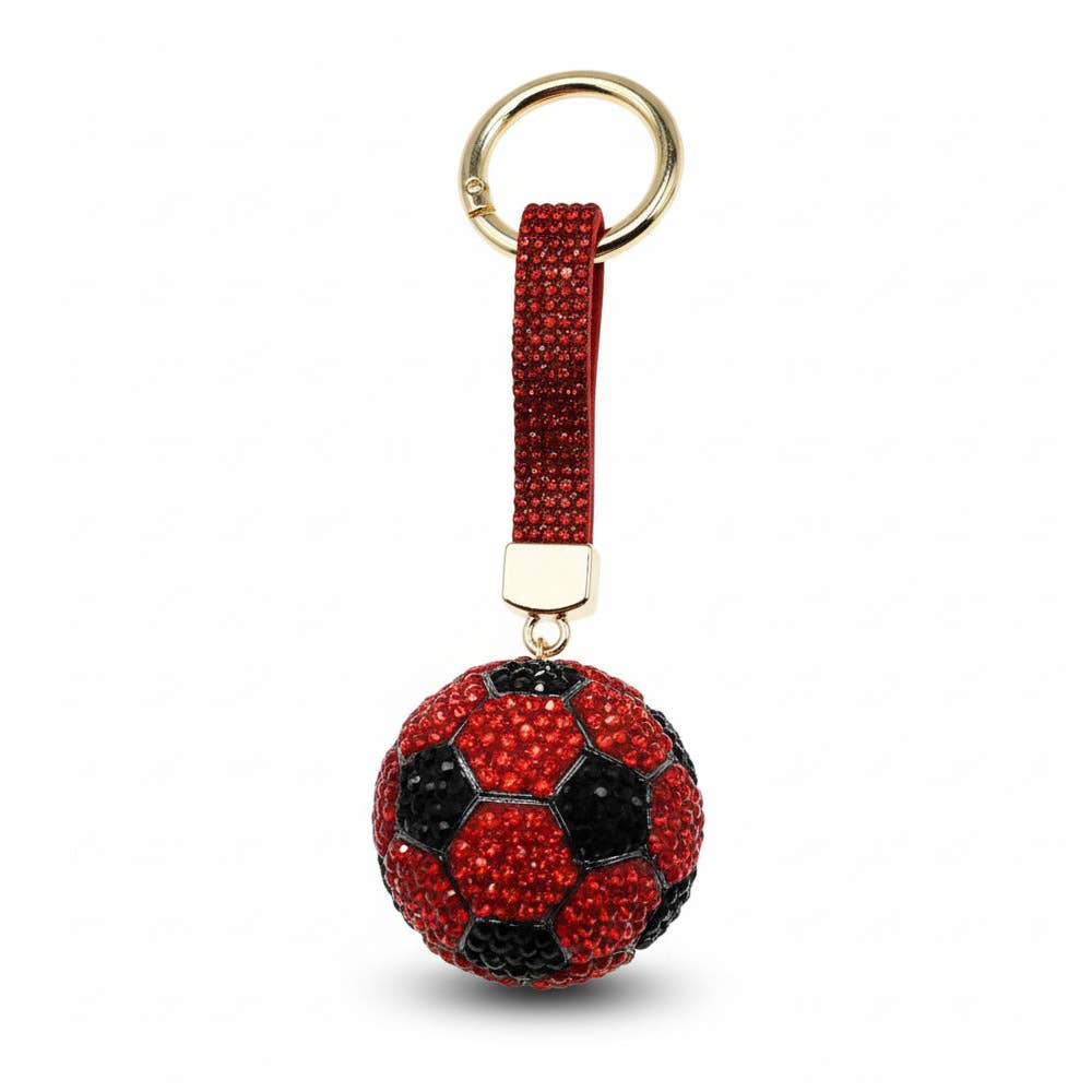 Bling Studded Soccer Ball Bag Charm Keychain: Red