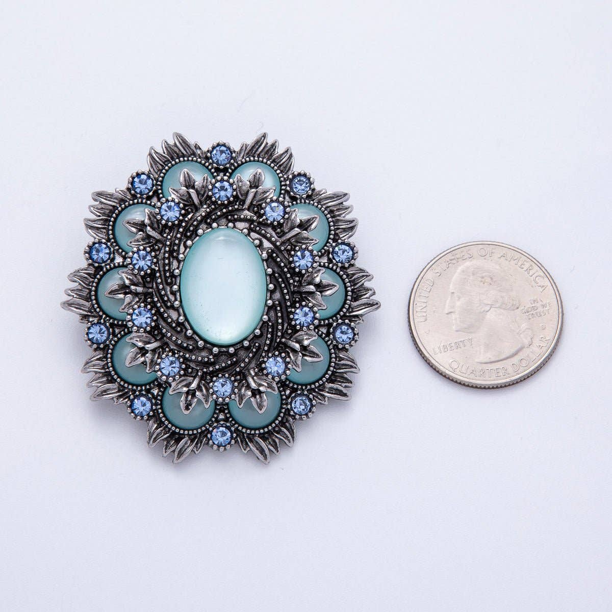 Vintage Antique Silver Flower Brooch Aqua Blue Turquoise Crystal Pin | BH-002