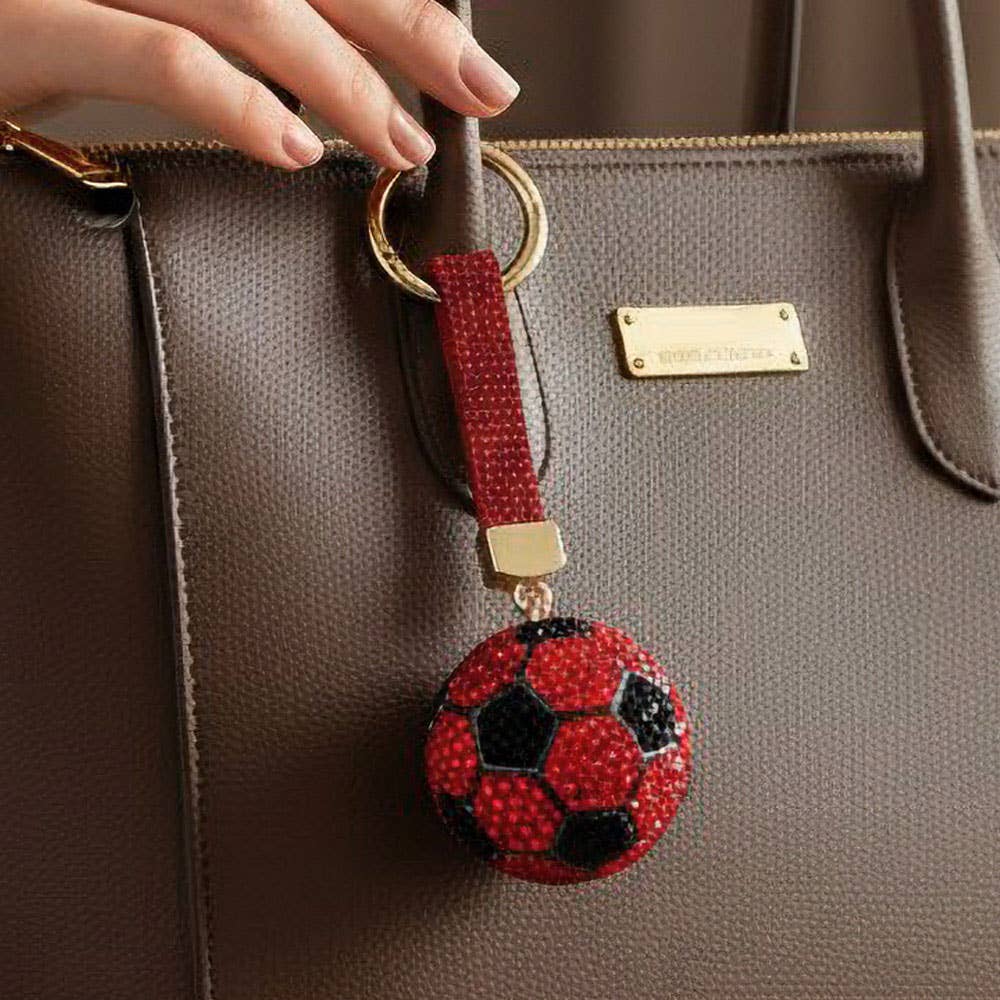 Bling Studded Soccer Ball Bag Charm Keychain: Red