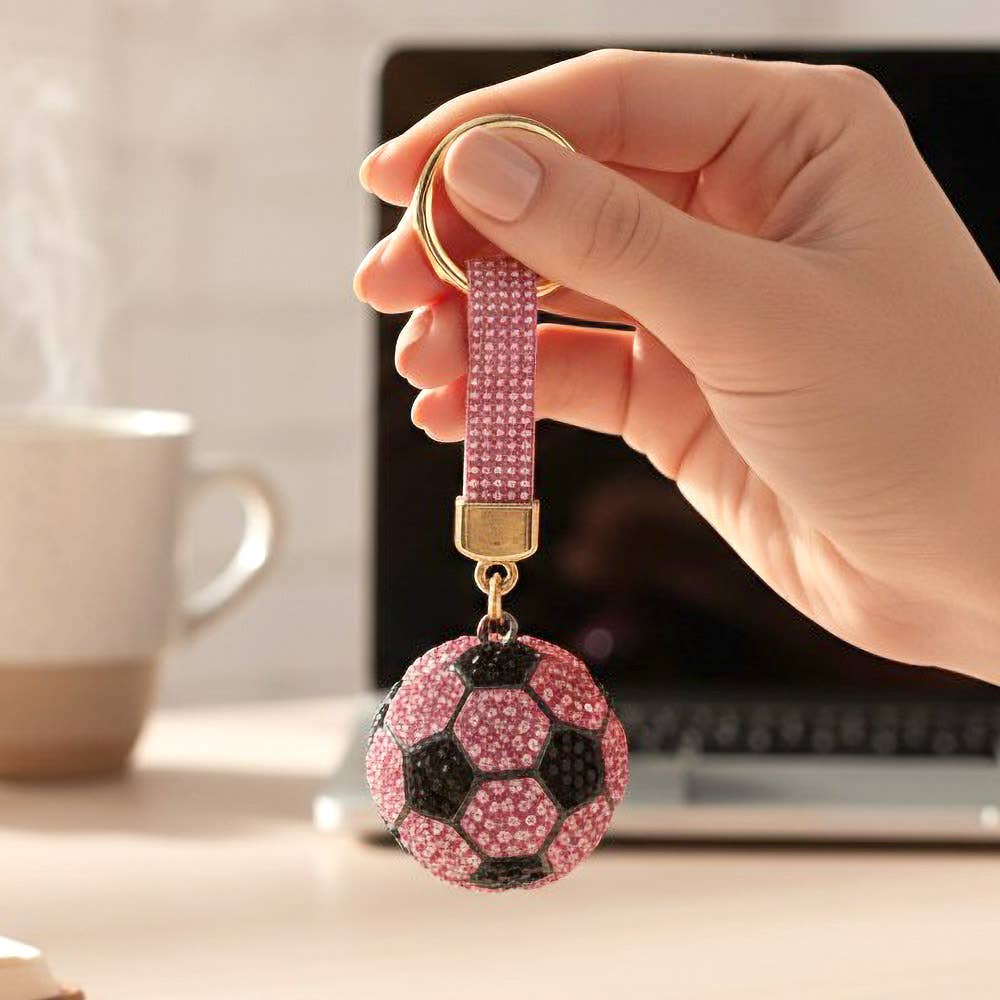 Bling Studded Soccer Ball Bag Charm Keychain: Red