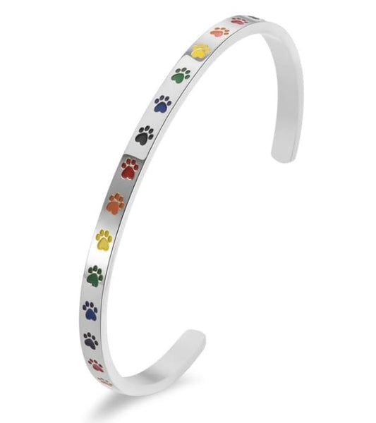 Beyond Joy "Balto & Gus": Cuff Bangle Bracelet Plated with 14k Gold, Silver, and Rose Gold in Stainless Steel w Cute Enamel Paw Design in Green, Yellow, Red, and Black (Silver)