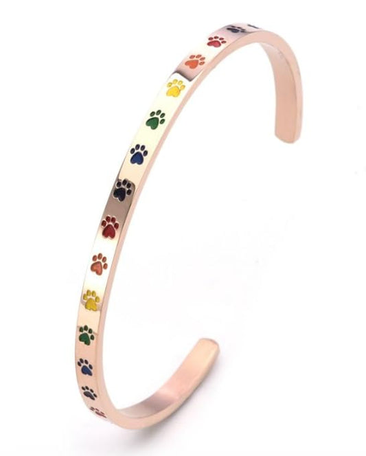 Beyond Joy "Balto & Gus": Cuff Bangle Bracelet Plated with 14k Gold, Silver, and Rose Gold in Stainless Steel w Cute Enamel Paw Design in Green, Yellow, Red, and Black (Rose Gold)