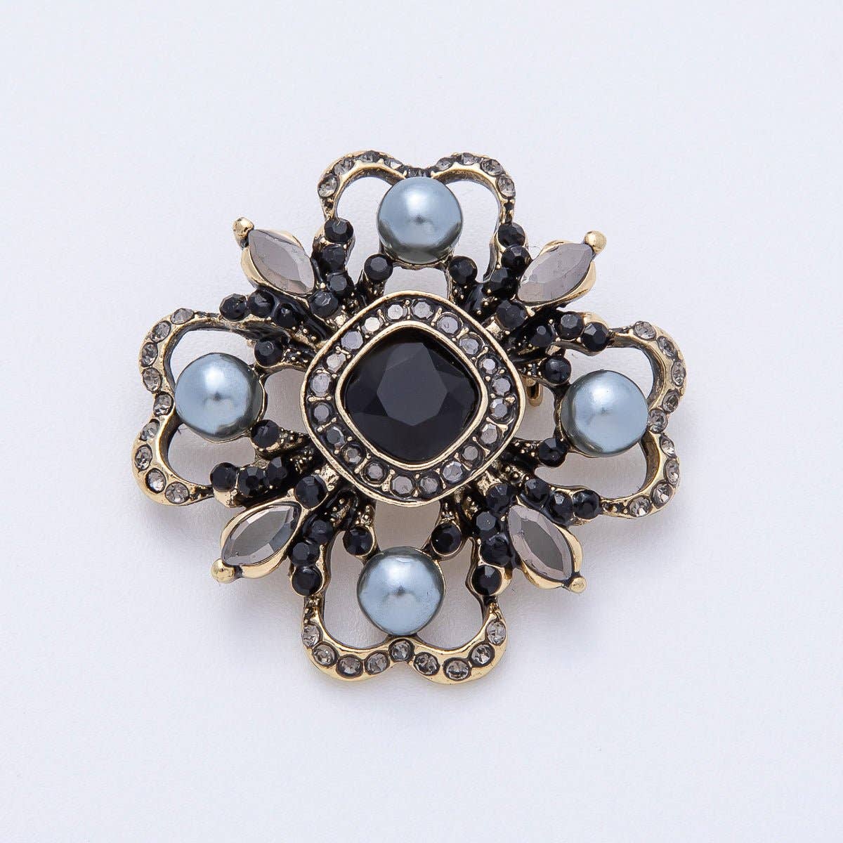 Vintage Antique Gold Black, Green Rhinestone Flower Blue Black Gray Crystal Brooch Pin | BH-00006 BH-00007: Turquoise