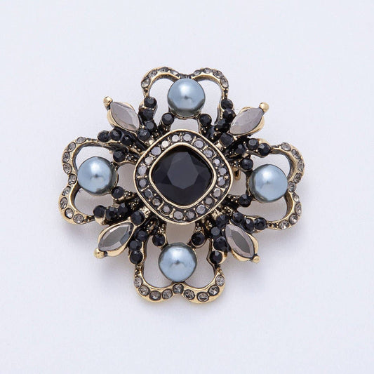 Vintage Antique Gold Black, Green Rhinestone Flower Blue Black Gray Crystal Brooch Pin | BH-00006 BH-00007: Grey