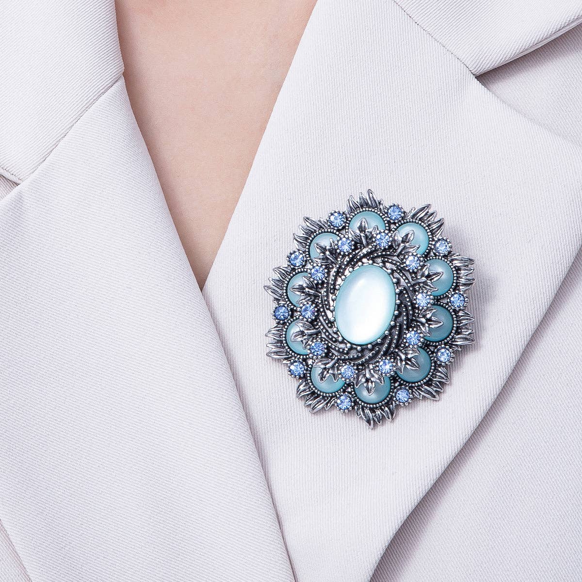 Vintage Antique Silver Flower Brooch Aqua Blue Turquoise Crystal Pin | BH-002